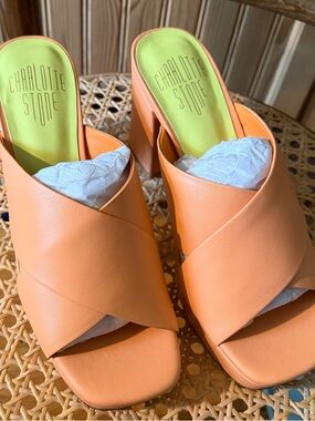 New Charlotte Stone Sylvia Peach-Orange Leather Crisscross Block Heel Mules 8